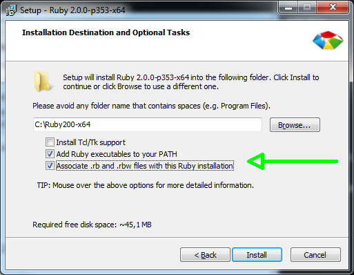 RubyInstaller on Windows, with "add ruby executable to PATH" and "Associate RB files with this installation" checked