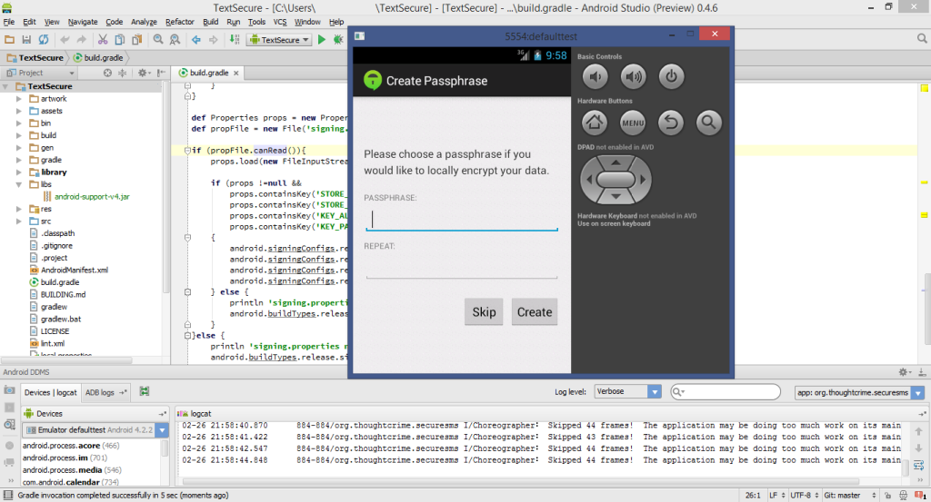 Android Studio and Emulator with TextSecure
