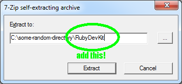 DevKit Unpacking with manually added subdirectory. I chose "RubyDevKit" as directory.