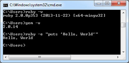 Terminal with "ruby -v" and "gem -v" and a short ruby test, including their respective outputs.